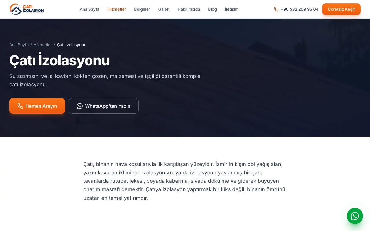 İzmir Çatı İzolasyon web sitesinden bir iç sayfa