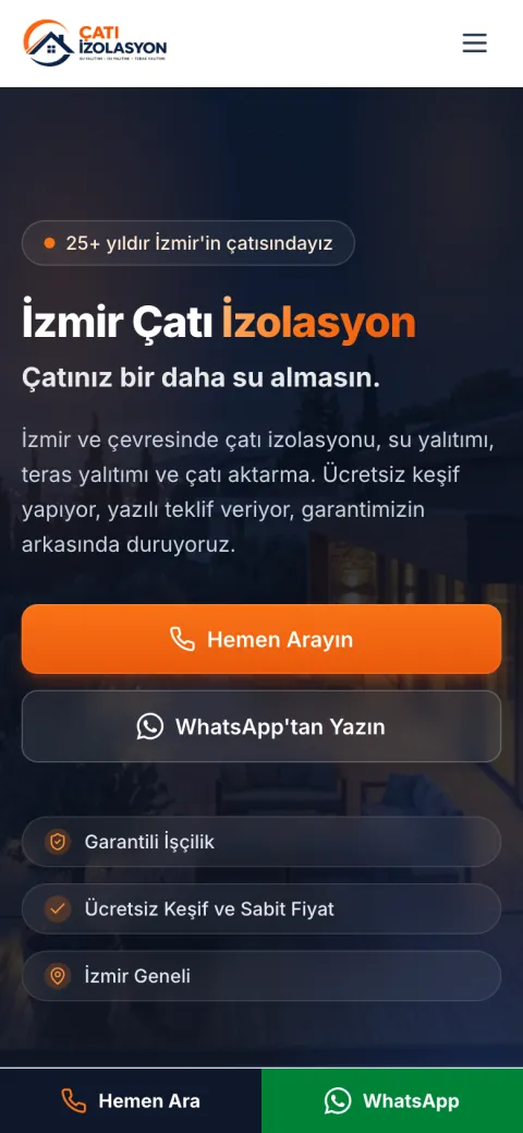 İzmir Çatı İzolasyon web sitesinin telefondaki görünümü