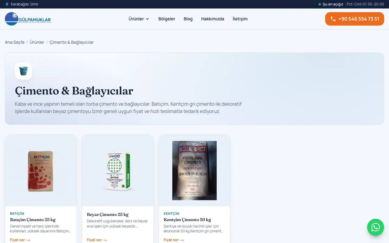 İzmir İnşaat Malzemeleri web sitesinden bir iç sayfa