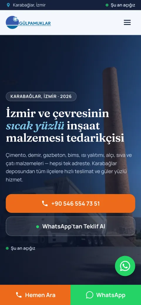 İzmir İnşaat Malzemeleri web sitesinin telefondaki görünümü