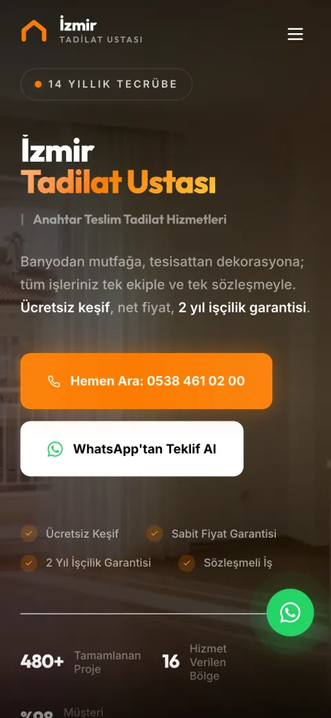İzmir Tadilat Ustası web sitesinin telefondaki görünümü