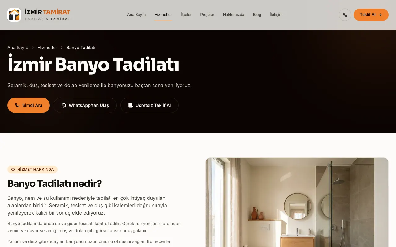 İzmir Tamirat web sitesinden bir iç sayfa