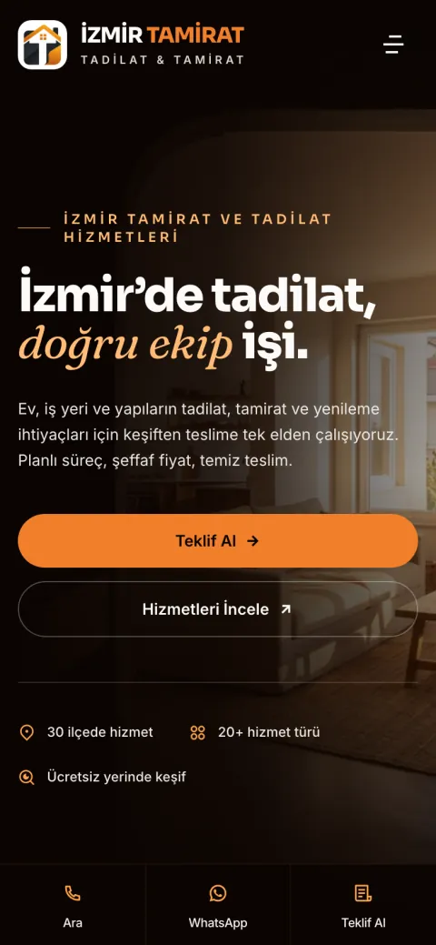 İzmir Tamirat web sitesinin telefondaki görünümü