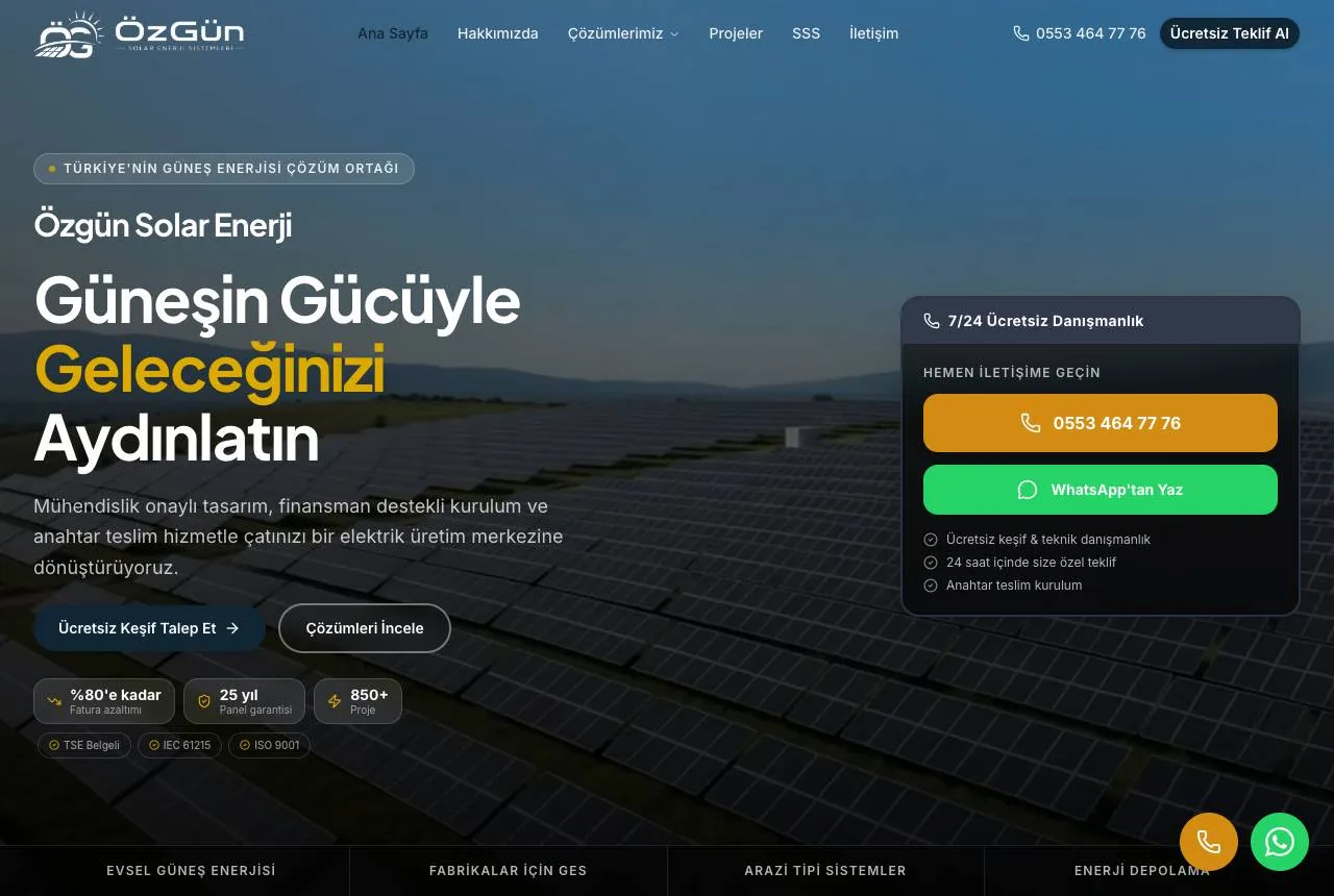 Özgün Solar Enerji web sitesi