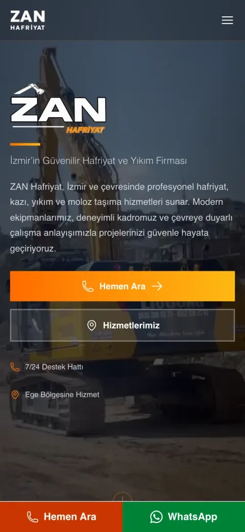 ZAN Hafriyat web sitesinin telefondaki görünümü