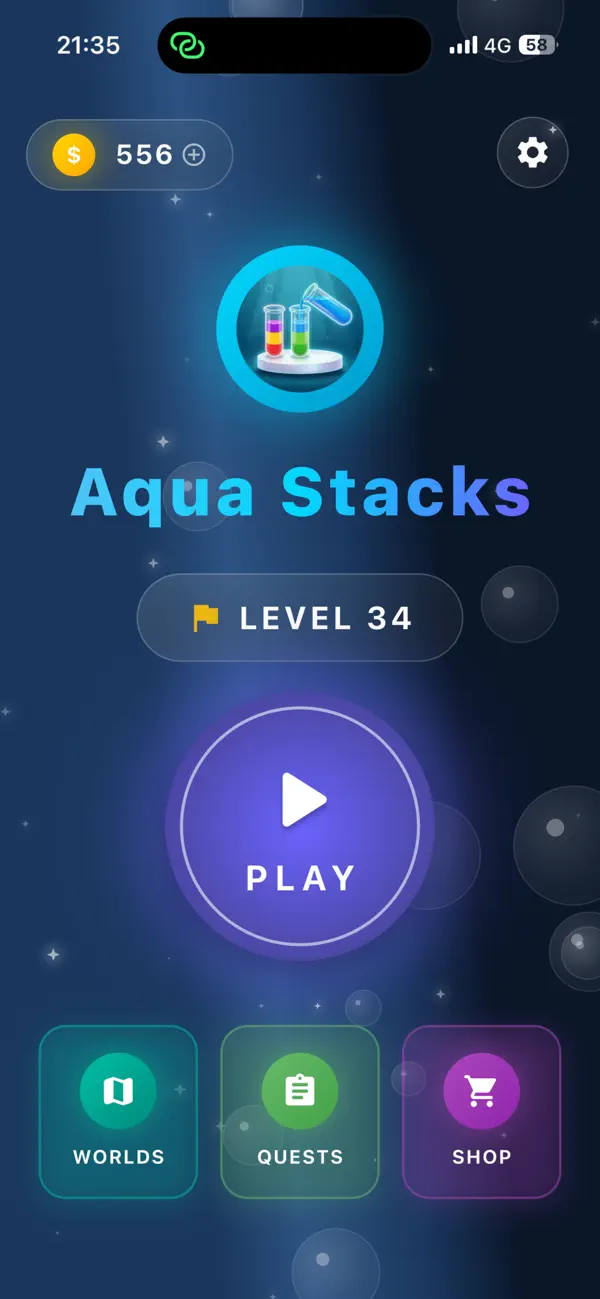 Aqua Stacks ana menüsü: seviye, dünyalar, görevler ve mağaza