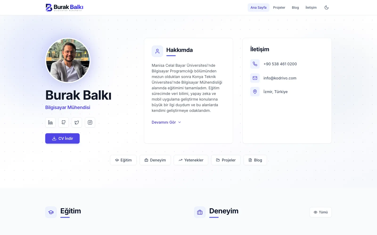 Burak Balkı kişisel sitesinin ana sayfası
