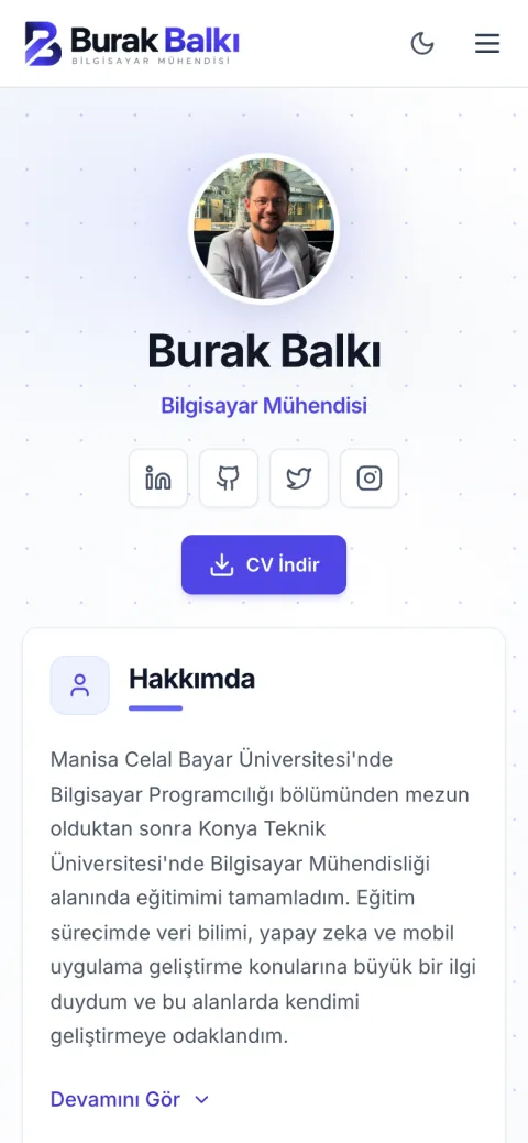 Burak Balkı kişisel sitesinin telefondaki görünümü