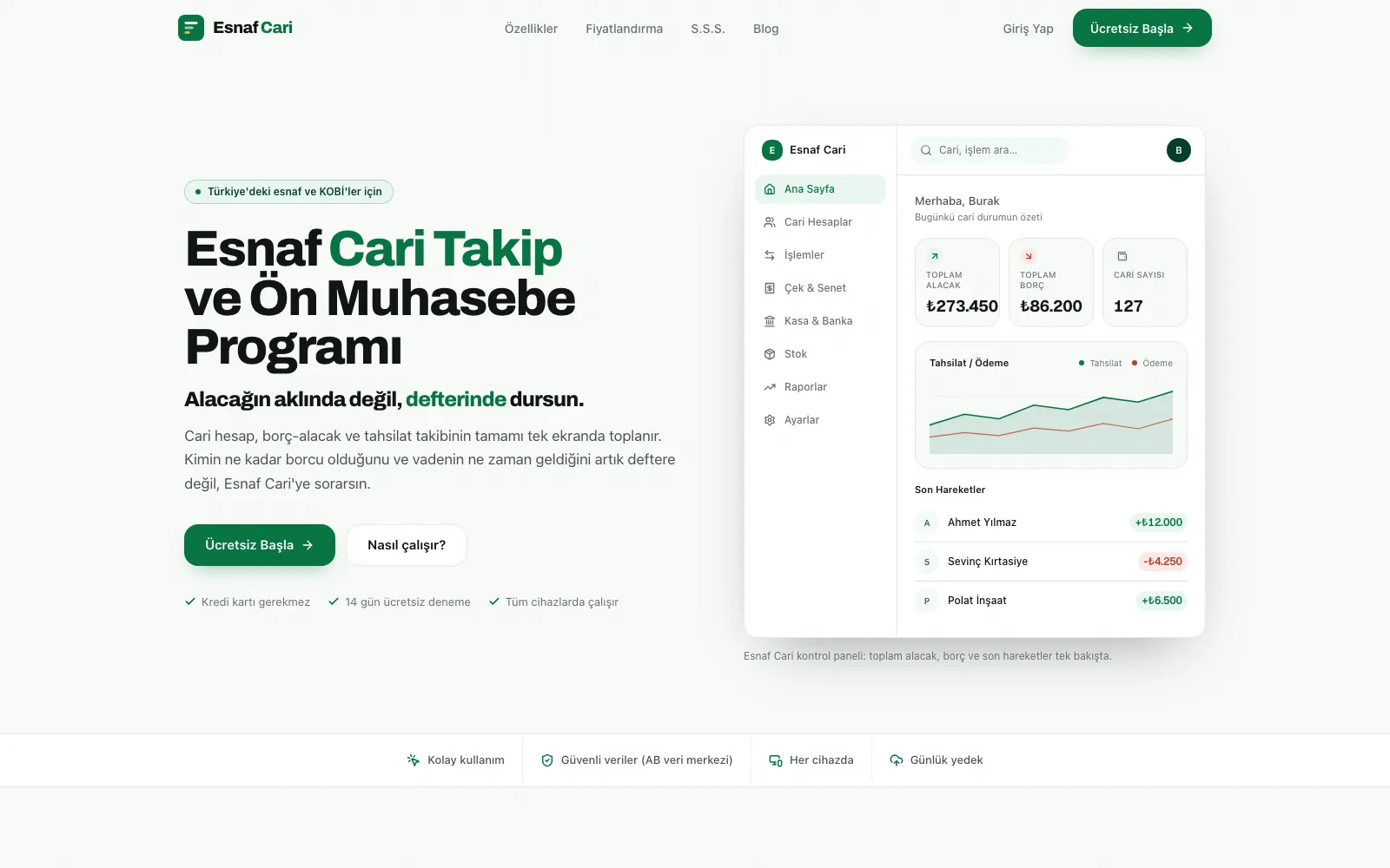Esnaf Cari ana sayfası: cari takip ve ön muhasebe programı