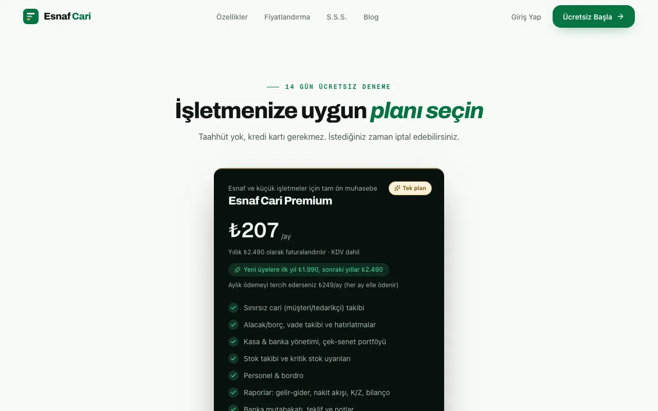 Esnaf Cari iç sayfası