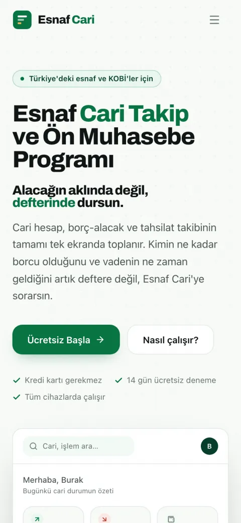 Esnaf Cari telefondaki görünümü