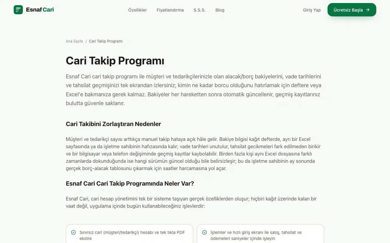Esnaf Cari özellikler bölümü: kasa, çek-senet, stok ve raporlar