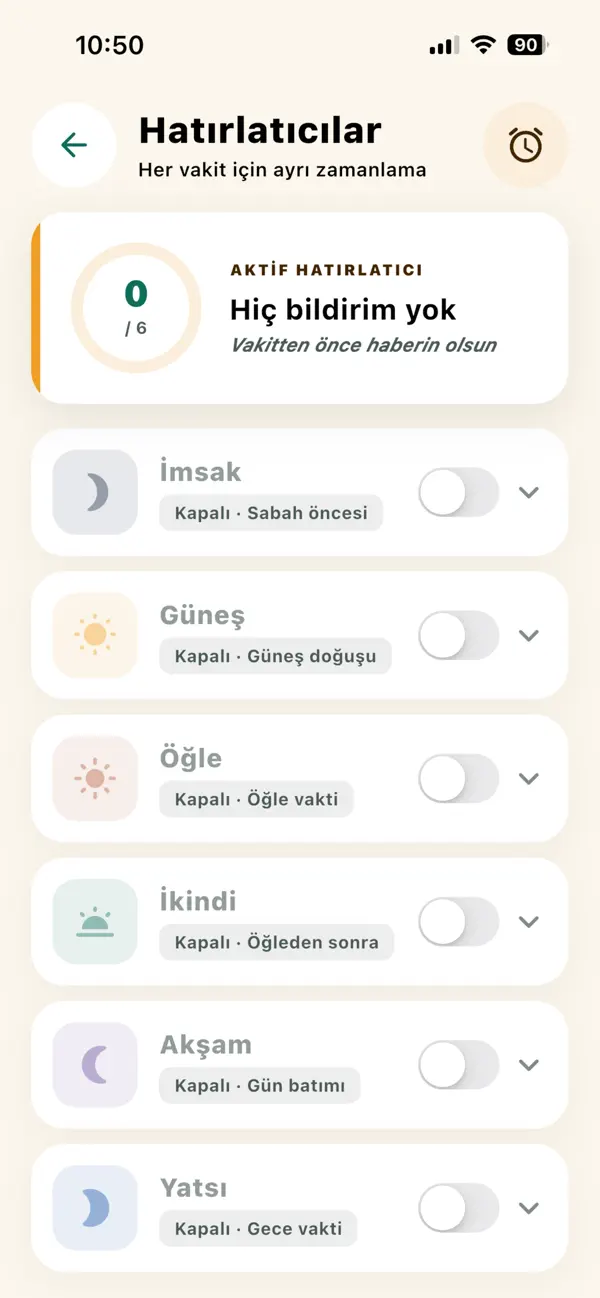 Mirac-ı Nebi hatırlatıcılar ekranı: her vakit için ayrı zamanlama