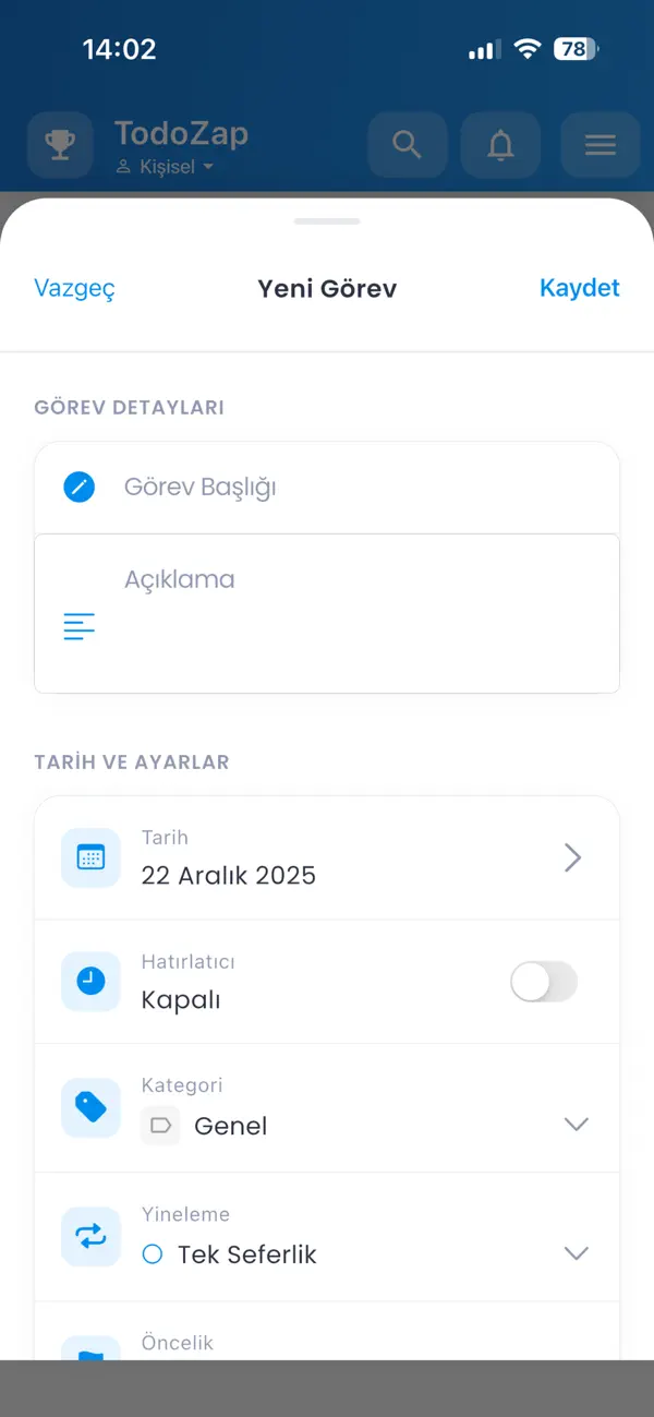 Todozap yeni görev ekranı: başlık, tarih, hatırlatıcı, kategori ve yineleme