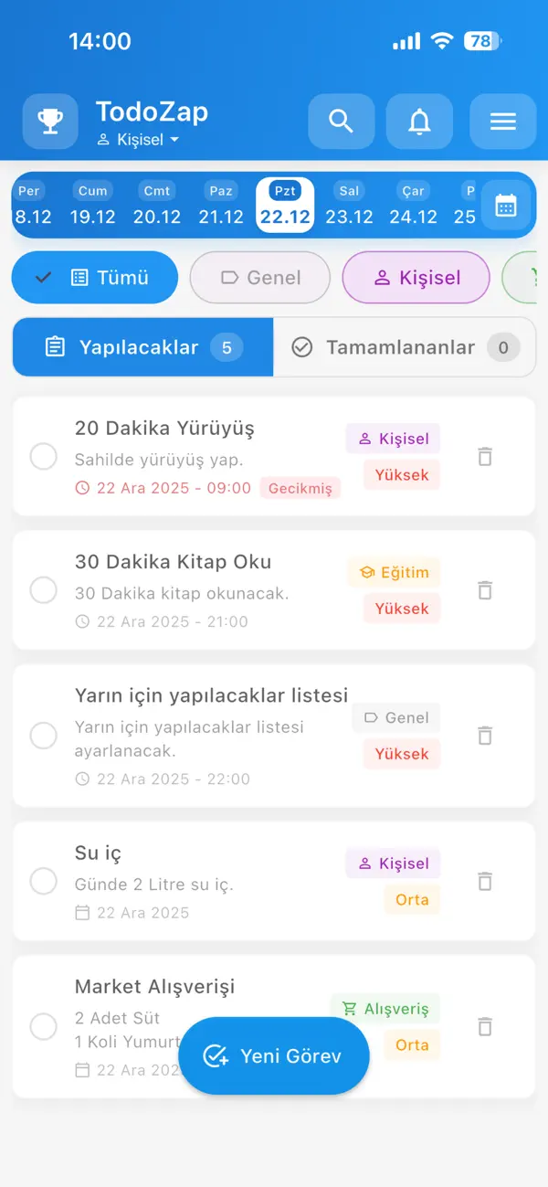 Todozap ana ekranı: günlük görev listesi, kategori etiketleri ve öncelikler